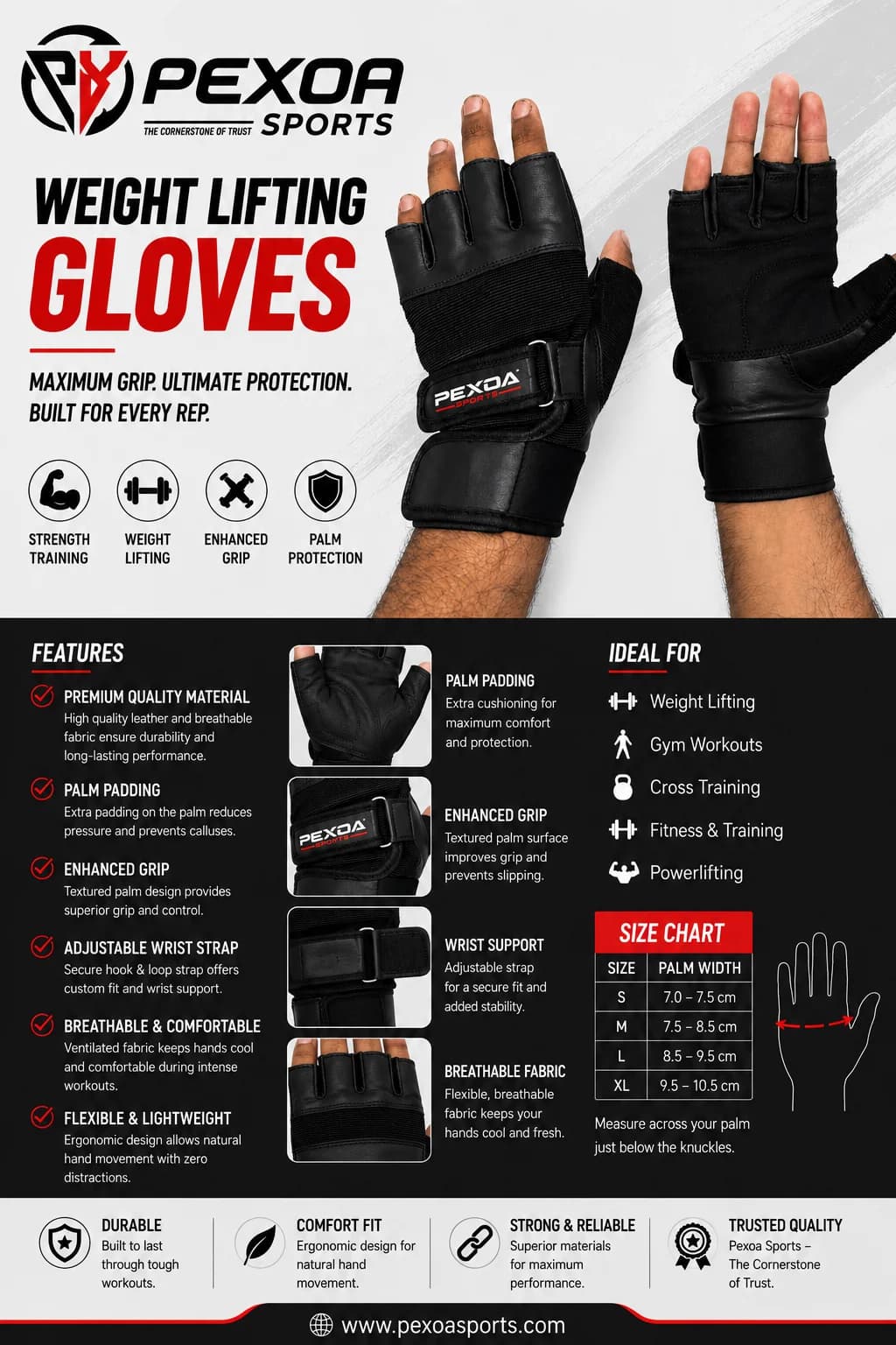 Black Leather Men's Lifting Gloves - Image 2
